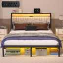 J.Fkne Full Bed Frames with Charging Station and LED Lights, Full Size Platform Bed with Metal Slats, Upholstered Headboard with 2-Tier Storage Shelves, No Box Spring Needed, Easy Assembly, Black