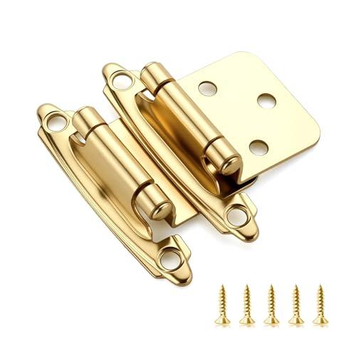 Ravinte 4 Pack (2 Pairs) 1/2" Overlay Cabinet Hinges, Self-Closing Semi-Concealed Face Mount, Satin Brass Decorative Hardware with Door Bumpers for Kitchen & Cupboard Doors, Gold