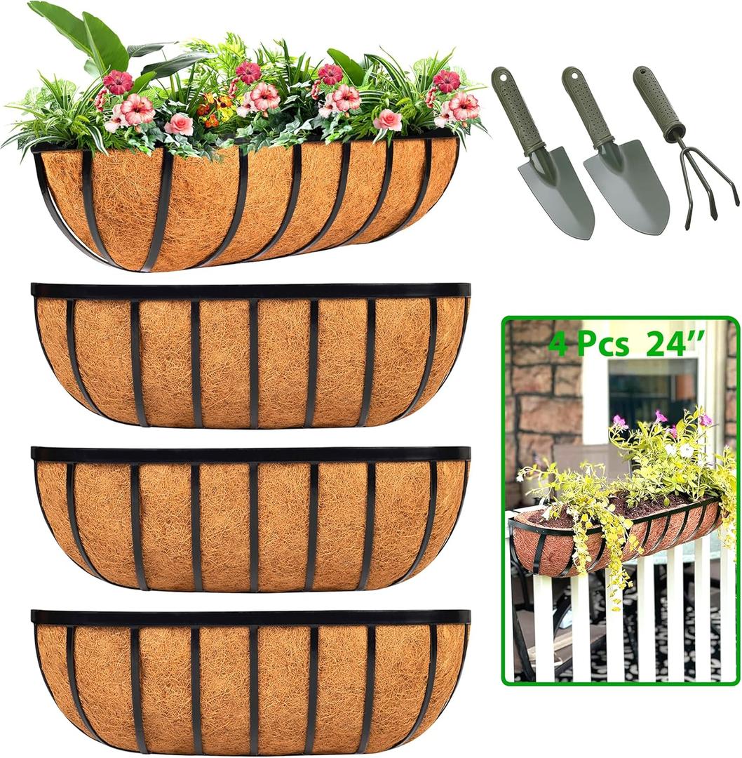 Railing Planter Window Box - 4 Pack 24 Inch Deck Balcony Rail Planter with Coconut Coir Liner, Fence Metal Hanging Flower Basket Deck Railing Planter Boxes for Outdoor Garden (24 Inch - Classic Arc Shape)