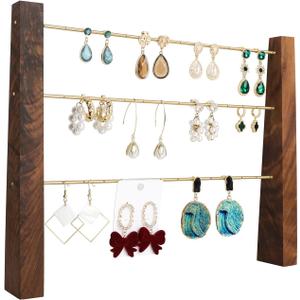 GemeShou 3 Tiers Walnut Earring display stands for selling, Wooden Jewelry Shelf, Earring Storage Organizer, Brass earring holders with 42 holes for stud Dangle HoopWalnut 3-Tier Height 9.45"