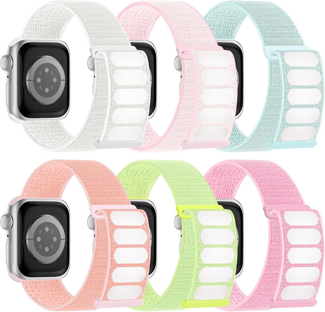 6 Pack Sport Nylon Loop Band Compatible with Apple Watch Band 38mm 40mm 41mm 42mm 44mm 45mm 46mm 49mm for Women Men, Adjustable Breathable Braided Straps for iWatch Series 11/10/9/8/7/6/5/4/3/SE/Ultra