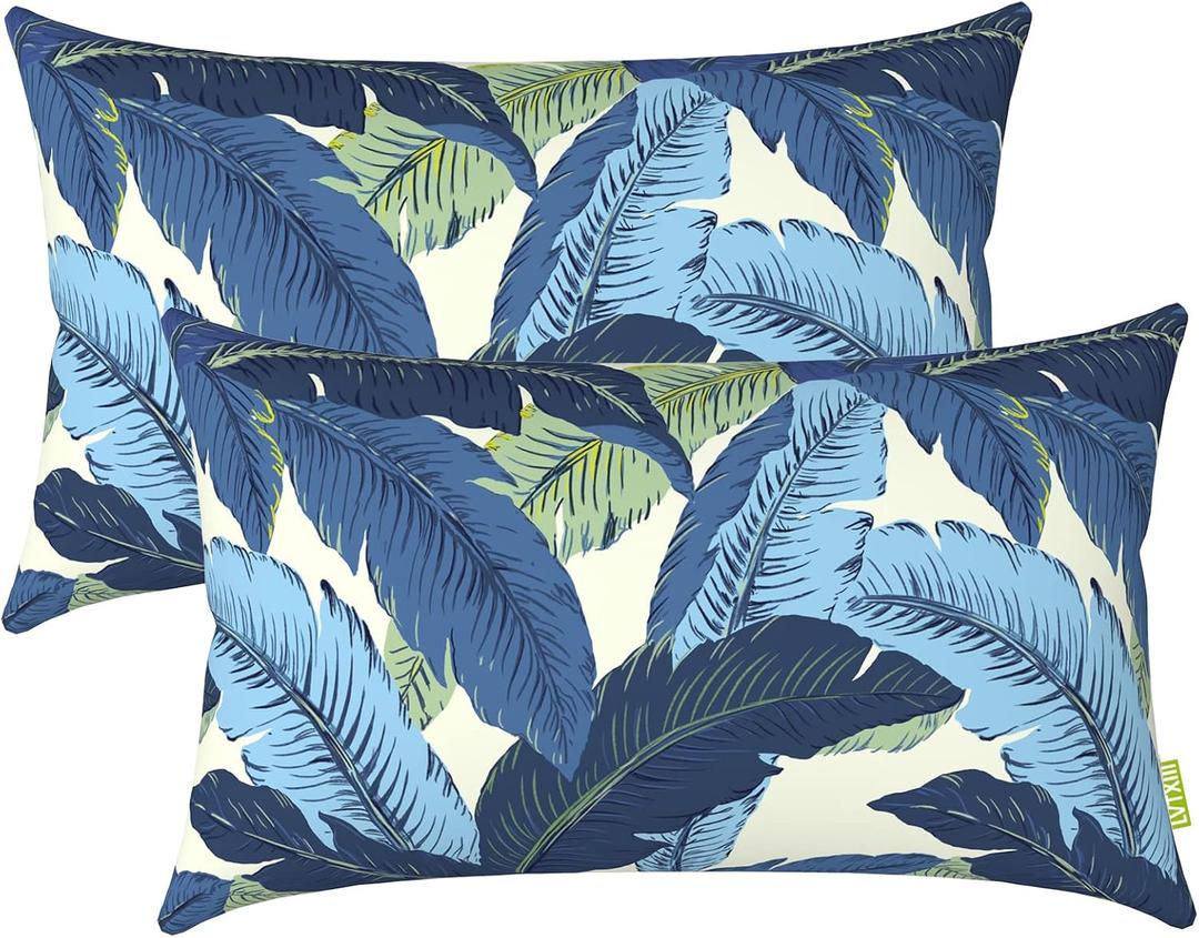 LVTXIII 1220 Inch Outdoor Lumbar Pillows, Pack of 2 Water Repellent Lumbar Pillow with Inserts, Fluffy Decorative Garden Lumbar Cushions for Home Patio Coach Sofa Use, Swaying Palms Blue