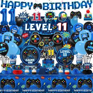 11th Birthday Decorations for Boys,197pcs Gamer Birthday Party Decorations Level 11 Birthday Decorations Plates and Napkins Cups Tablecloth Banner Honeycomb for Video Game Party Decorations