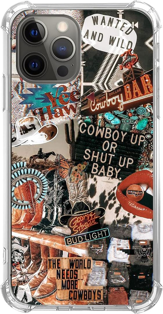 Western Cowgirl Cowboy Collage Case for iPhone 15 Pro, Cowboy Cowgirl Howdy Western Ranch Boho Southwestern Retro Case for iPhone 15 Pro, Unique Trendy Design TPU Bumper Cover Case