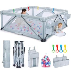 Baby Playpen: Foldable Playpen for Babies and Toddlers Large Play Pen Portable Playpen Fence Indoor Outdoor Kids Safety Area Travel Play Yard with 2 Storage Bags 4 Handlers 50 Balls (71"71")