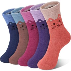 2 x Loritta 5 Pairs Wool Socks for Women Stocking Stuffers Gifts Winter Warm Hiking Crew Boot Socks (Z Cartoon Pattern)