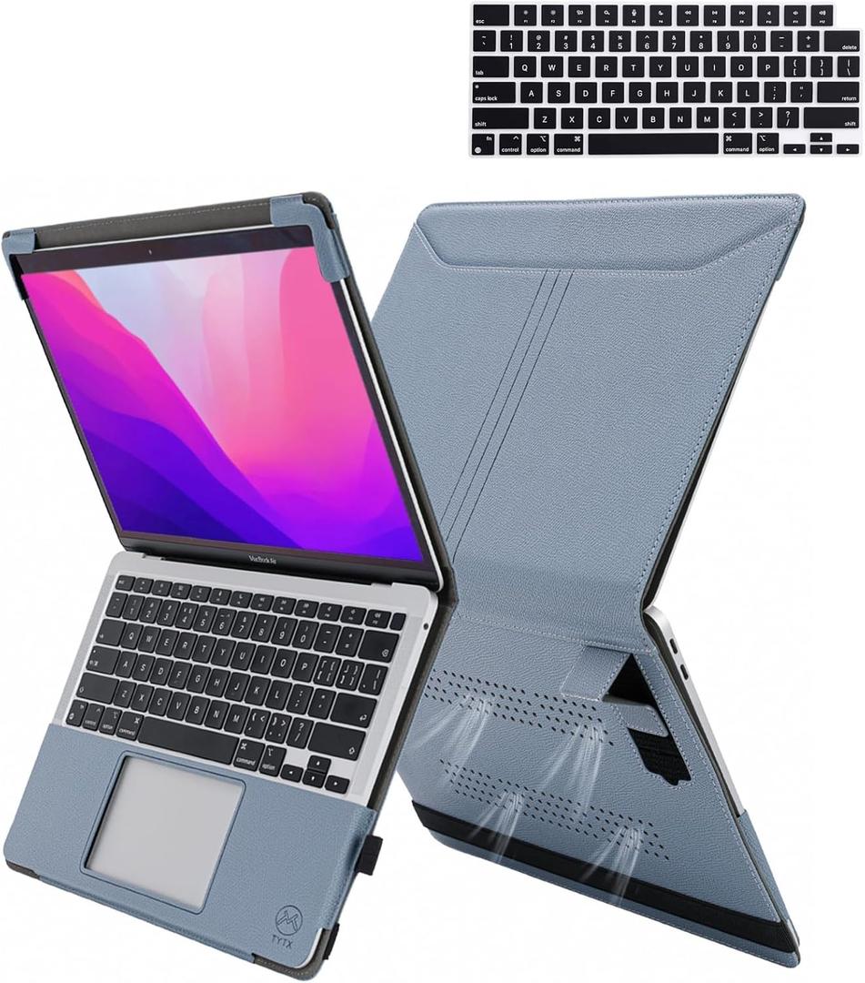 TYTX for MacBook Pro 14 Case - PU Leather with Stand & Vents for 2021-2025 Compatible with M5/M4/M3/M2/M1 Pro/Max | Fits A3434 A3112 A3185 A3401 A2918 A2992 A2779 A2442, Gray Blue