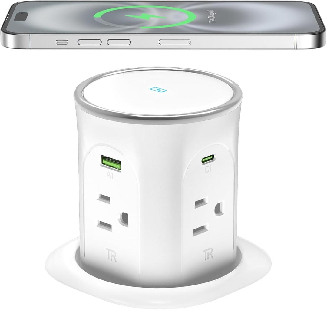 Pop Up Countertop Outlet with 2 PD 45W USB C Charging Station, 3.15 in Hole Electrical Power Outlets Insert in 4 Plugs 4 USB Ports 15W Wireless Charger for Desktop Kitchen Countertop (White)