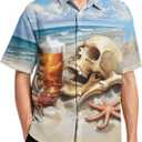 Mens Beer Skull Print Button Down Shirt Fun Hawaiian Shirts Casual Beach Shirt Short Sleeve (XXXL)
