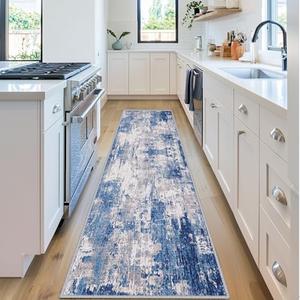 RELEANY Washable Area Rugs 2'x6' Non-Slip Modern Abstract Soft for Living Room Entryway Bedroom Nursery, Print Pattern, Blue Grey Navy Gray