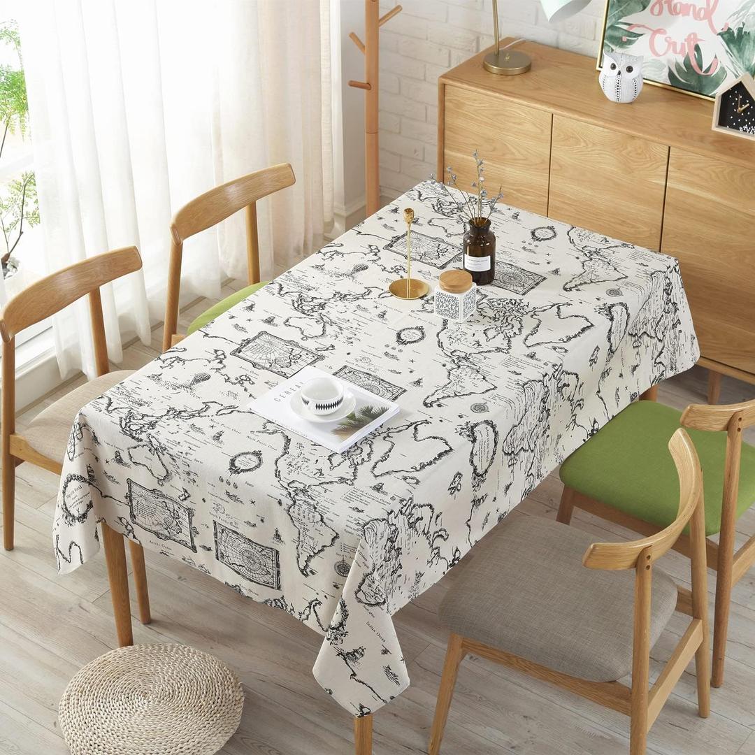 World Map Tablecloth,Cotton Linen Fabric Map Table Cover with 86.6x55.1inch,Washable Rectangle World Map Printing Table Cloth for Kitchen Dinning Tabletop Home Decorations