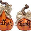 Hodao Thanksgiving Orange Pumpkin Decorations  Hand-Painted Resin Figurine Set with Gold Bow, Fall Harvest Autumn Tabletop Ornaments, Gift for Mantel, Dining Table, Tiered Tray, Seasonal Home Dcor