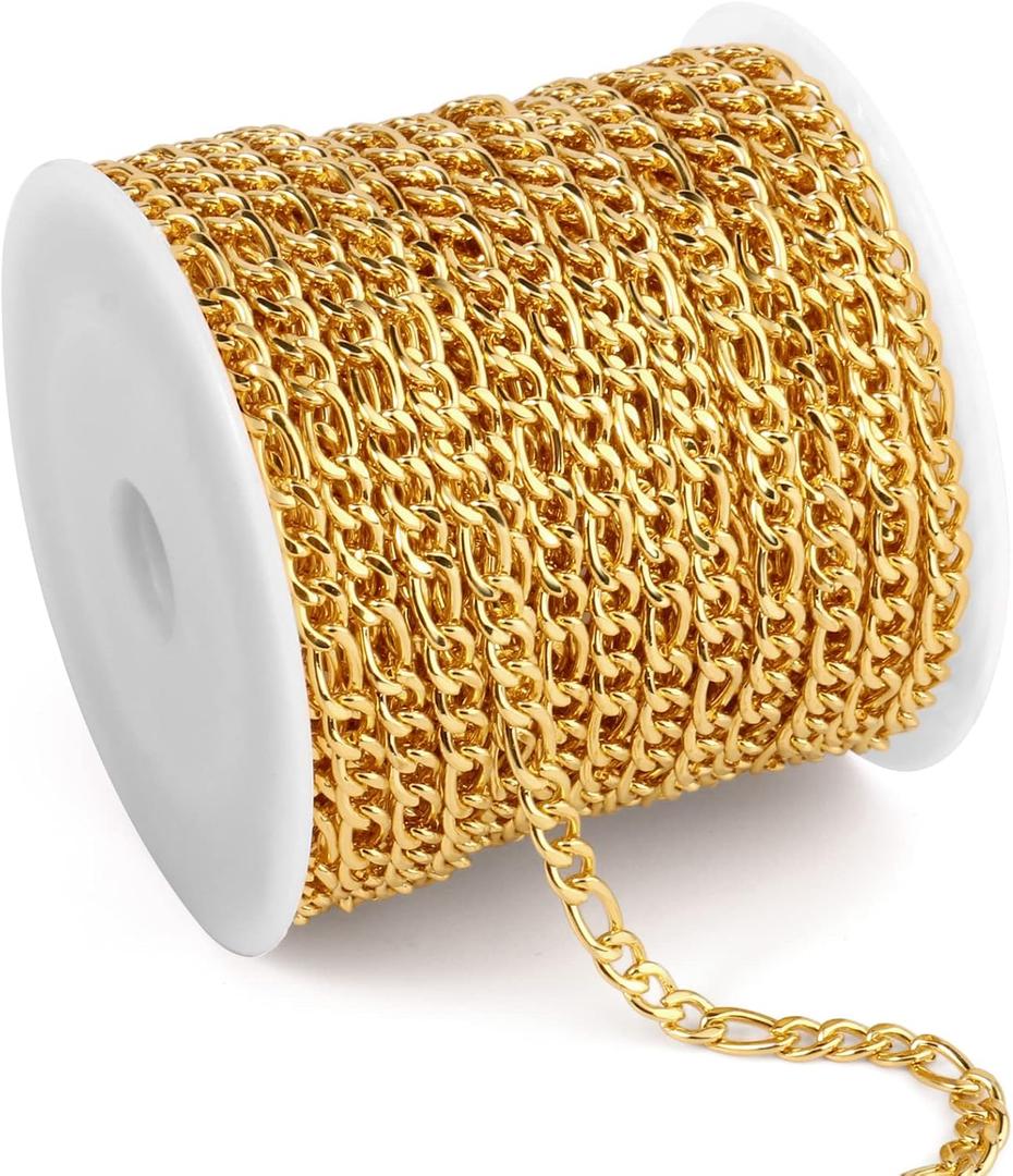 [33 Feet] 18K Gold Plated Stainless Steel Figaro Chain Roll 4.5mm 304 Stainless Steel Link Chains Spool Bulk for Jewelry Making