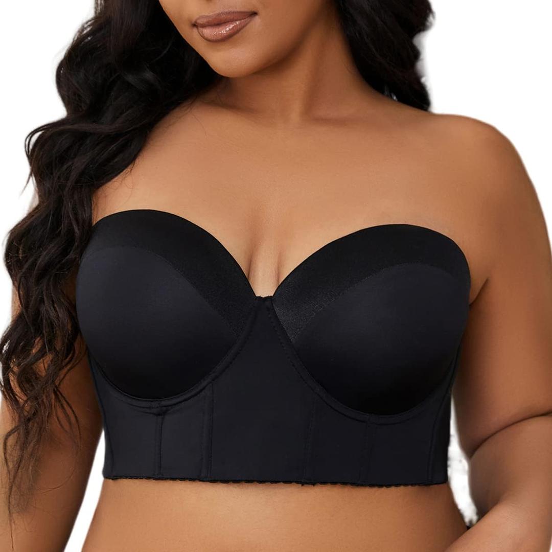SEA BBOT Women Longline Strapless Bra Full Coverage Corset Bra Hide Back Fat (44D, Black)