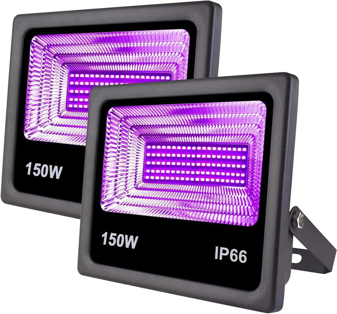 Remon 150W Black LED Flood Light Outdoor IP66 Stage Lighting With Plug - Perfect for Halloween, Neon Glow, Blacklight Party, Fishing, Aquarium, DJ Disco (2 Pack)