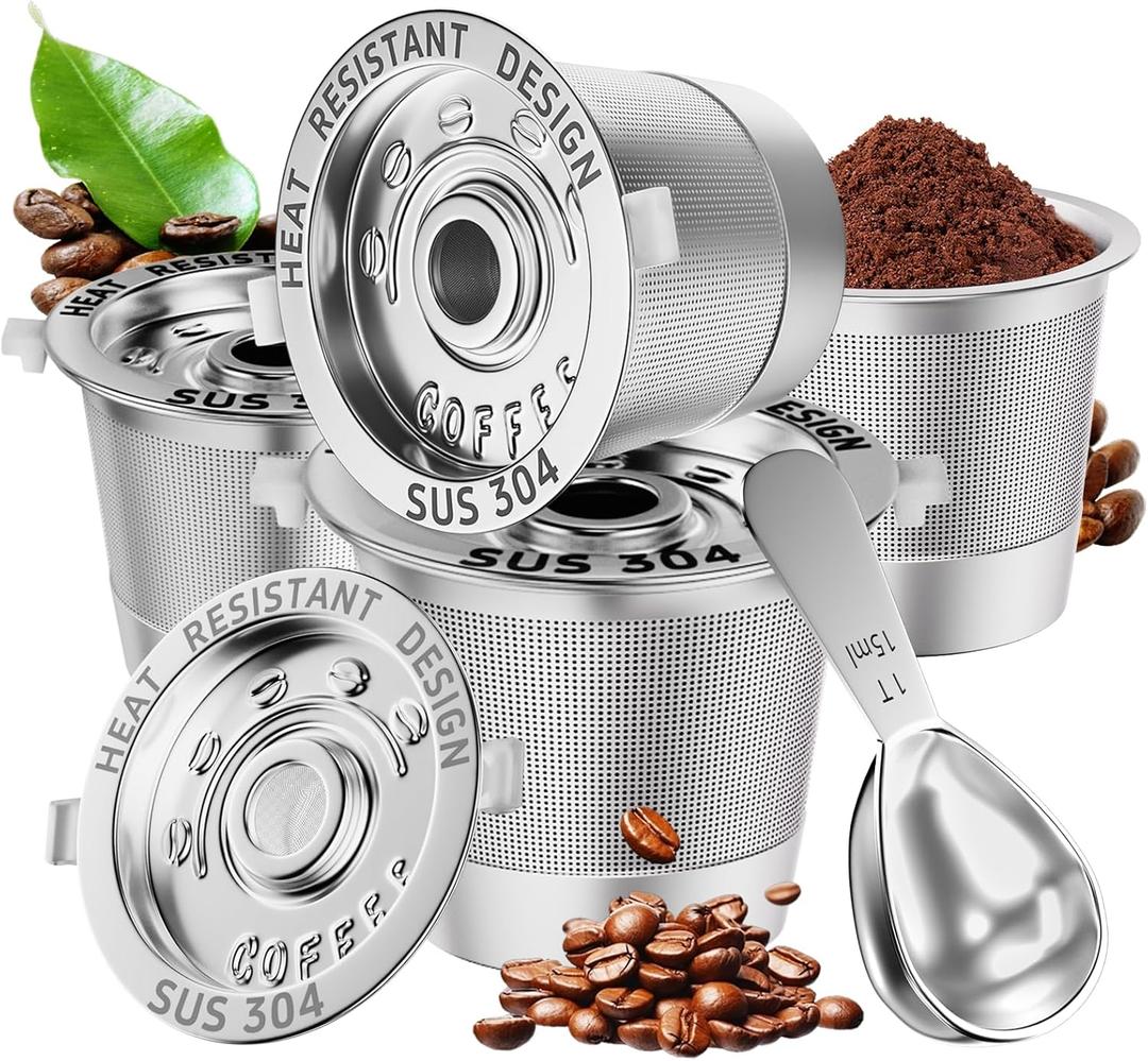 4 Pack Reusable K Cups Coffee Pods for Keurig 1.0: Stainless Steel Reusable Coffee Pods for Keurig Coffee Pods Reusable, BPA-Free, SUS 304, Scoop, Heat Resistant Handles