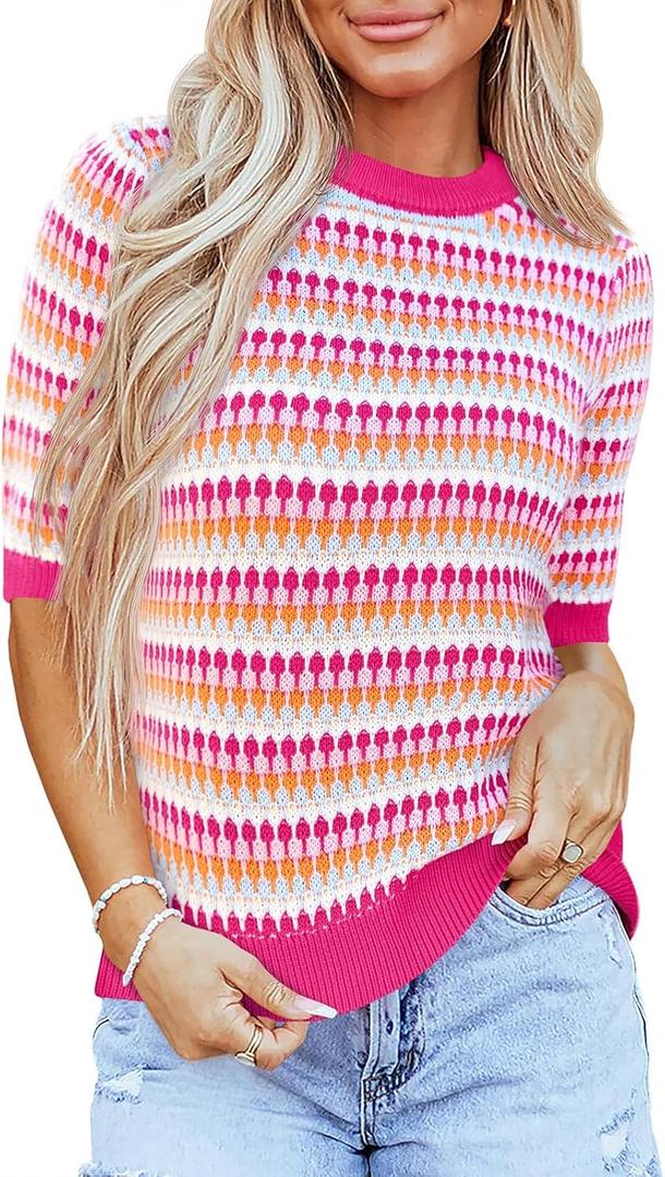 Saodimallsu Womens Short Sleeve Striped Sweater Tops Summer Color Block Crew Neck Cute Colorful Going Out Shirts, M