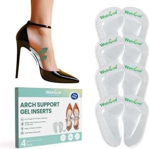 Arch Support Inserts Flat Feet - Welnove 4-Pair Gel Arch Support Insoles for Plantar Fasciitis, Foot Pain Fatigue Relief - Soft Heel Pads Adhesive Fit Most Shoes, Men Women, 0.3" Height (Clear)