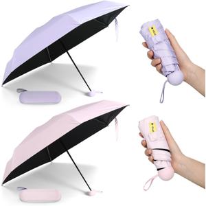 2 Pcs Mini Umbrella for Purse with Case, Travel Small UV Protection Sun and Rain Umbrella Light Compact for Women, Girls (Pink and Purple)