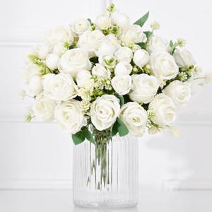 Fake Roses Artificial Flowers, 10 Pack Rose Fake Flowers for Decoration, Real Touch White Roses Bouquets Silk Flowers for Vase Centerpiece Table Wedding Party Bridal DIY Decor