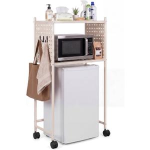 Mifoci Mini Fridge Stand with Storage Shelf, 2 Tier Dorm Fridge Shelf with Pegboard and Wheels, White over Mini Microwave Stand Organizer for Dorm Room Apartment Kitchen Office