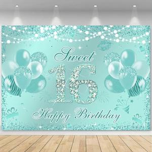 Ayayiya Sweet 16 Birthday Banner Teal Blue Sweet Sixteen Party Decorations Sweet 16 Backdrop Turquoise Glitter Balloon Girls 16 Year Old Birthday Party Supplies Photo Booth Props 82.7x59.1 inch