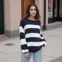 Women Y2k Oversized Striped Sweater Vintage Color Block Crew Neck Chunky Long Sleeve Pullover Harajuku Jumper (XL)