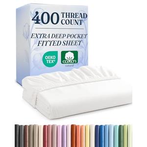 Extra Deep Queen 400 Thread Count Cotton Fitted Sheet - Hotel Luxury Single Fitted Sheet Only - Easily Fits 18" to 24" Mattress - Soft, Wrinkle Free, Breathable and Comfy - Extra Deep Pockets - White