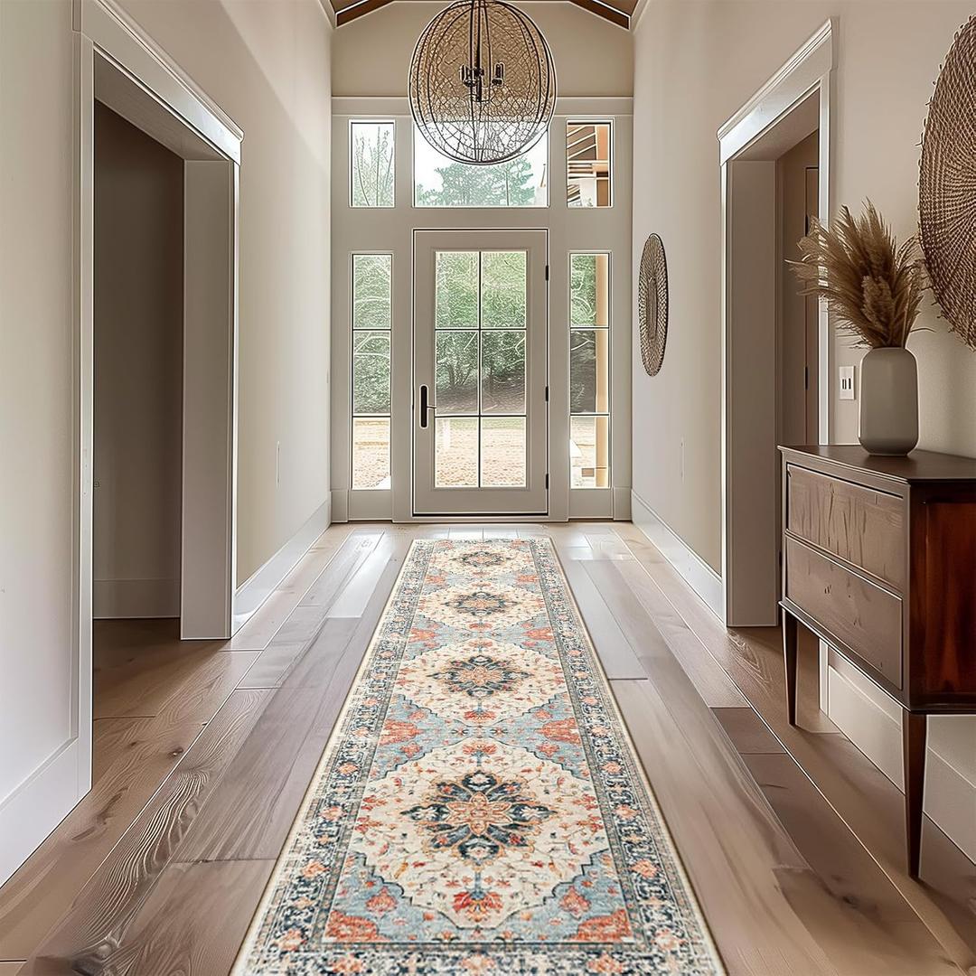 Area Rugs 2'x10' Washable Non-Slip, Floral Vintage Distress Print Pattern Medallion Carpet for Living Room Bedroom Dining Room, Beige Navy Blue Orange Colorful