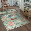 Green Area Rug 3x5 Office Floral Boho Door Mat Indoor Washable Kitchen Carpet Non Slip Bedroom Low Pile Lightweight Soft Throw Rug for Living Dining Room Bathroom