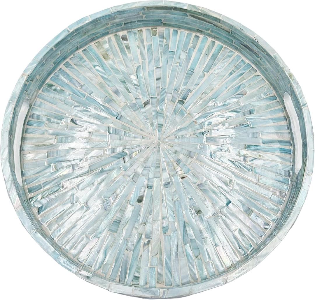 PEMAR 12.6 Mother of Pearl Round Serving Tray with Handles, Decorative Nacred Wooden Ottoman Coffee Table Tray (Teal Sunlight)