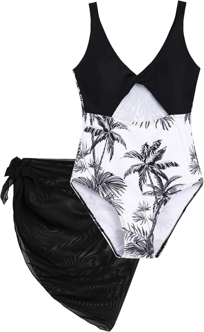 Girls One Piece Swimsuit with Cover Up Skirt Cut Out Bathing Suit Swimwear 8-15Y (10-11 Years, Black Floral)