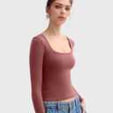 PUMIEY Women's Long Sleeve T Shirts Scoop Neck Slim Fit Going Out Tops Double Lined Basic Tee Smoke Cloud Collection (L)