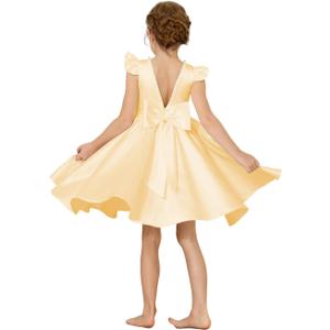 2024 Junior Girls Bridesmaids Mini Dress Silky Satin Cute Wedding Flower Girl Dresses O-Neck Summer Holiday Formal Evening Party Dresses for Toddler Girl with Bow-Knot Yellow Size 10