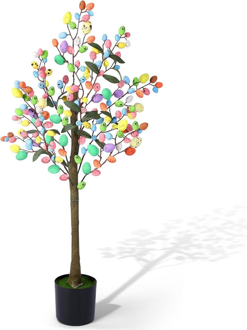 4ft Easter Decorations Tree with Colorful Eggs Artificial Ficus Faux Easter Egg Tree Decor for Party Porch Fireplace Front Door Outdoor Indoor Decoration