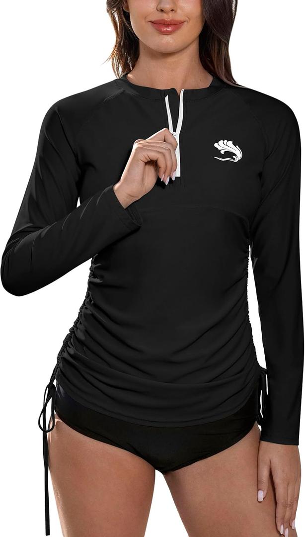 BesserBay Women's UPF 50+ UV Sun Protection Rash Guard Shirt Half Zip Long Sleeve Ruched Tie Side Swim Top Swim Shirt (Large, Black)