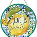 Spring Summer Lemon Blue Italy Tile Front Door Sign, Amalfi Coast Capri Citrus Wood Plaque Hanger Outdoor Porch Home Decor, Love is Sweet Mediterranean Wooden Wreath Wall Hanging Decoration