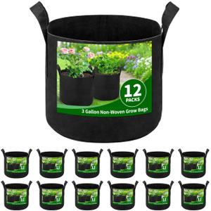 12 Pack 3 Gallon Grow Bags, Heavy Duty 300g Nonwoven Fabric Plant Pots with Reinforced Handles, Breathable Potato & Tomato Grow Bags for Vegetables, Peppers, Herbs - Black