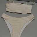 ZAFUL Women Strapless Textured Bandeau Bikini 2 Piece Swimwear Cheeky Solid Lace up Bathing Suits Size S