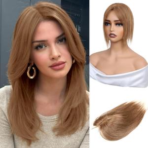Hair Toppers for Women Real Human Hair,10 inch 30g Light Brown Human Hair Topper for Women 150% Density Silk Base Middle Part Clip in Hair Pieces Straight Hair for Daily Use