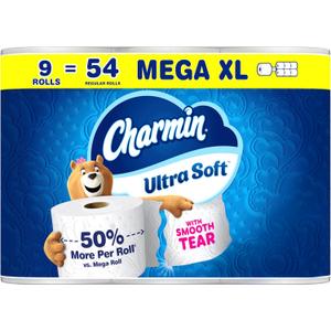 Charmin Ultra Soft Toilet Paper, 9 Mega XL Rolls = 54 Regular Rolls, 2-ply Bath Tissue