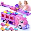 Unicorn Truck Toys for 2 3 4 5 6 7 Year Girl Toddler Foldable Track 2 Player Race Mode Friction Power Toy Cars Light&Sound Push Transport Carrier W/ 6 Princess Cars Birthday Gift Idea for Kids Girls