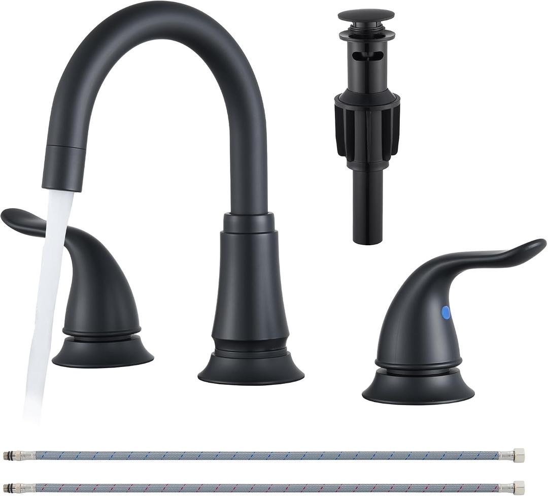Matte Black Widespread Bathroom Faucet 3 Hole, 8 Inch Adjustable Bathroom Sink Faucet with Pop-Up Drain & Supply Lines, Dual Handle 360° Swivel Spout, Modern Design