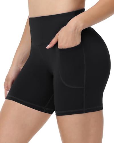 Runhit Womens Biker Shorts with Pockets - 5'' High Waist Yoga Workout Gym Athletic Compression Spandex Tummy Control Shorts Black L