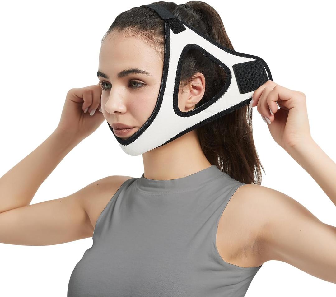 Adjustable Anti Snoring Chin Strap for CPAP Users - Breathable Snore Stopping Device Face Mask Bandage Keeping Mouth Closed - Comfortably Chin Strap for Snoring for Men and Women (White)