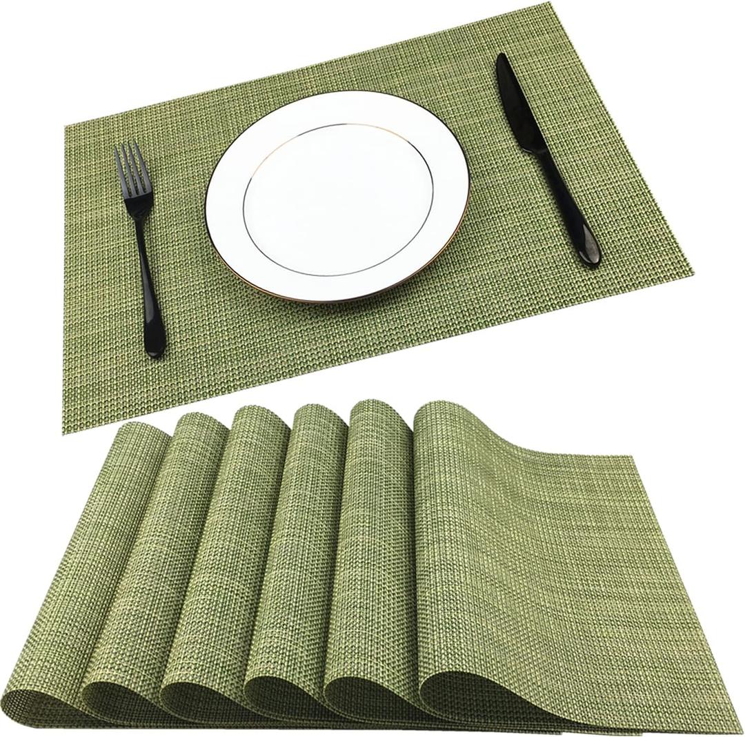 WAZAIGUR Placemats,Easy to Clean Crisscross Woven Vinyl Place Mats Durable Non-Slip Heat Resistant Table Mats,Placemats for Kitchen Table Set of 6,Green and Yellow