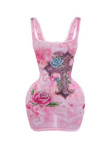 WDIRARA Women's Floral Graphic Rhinestone Bodycon Tank Dress Square Neck Sleeveless Mini Dresses Pink Small