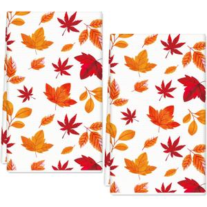 Fall Leaves Kitchen Dish Towel 18 x 28 Inch Orange Red Autumn Maple Leaves Dishcloth Decorative Hand Drying Tea Towel for Thanksgiving Cooking Baking, 2 Pcs