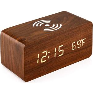 OCT17 Alarm Clock with Qi Wireless Charging Pad Compatible with iPhone Samsung Wood LED Digital Clock Sound Control Function, Time Date, Temperature Display for Bedroom Office Home- Brown