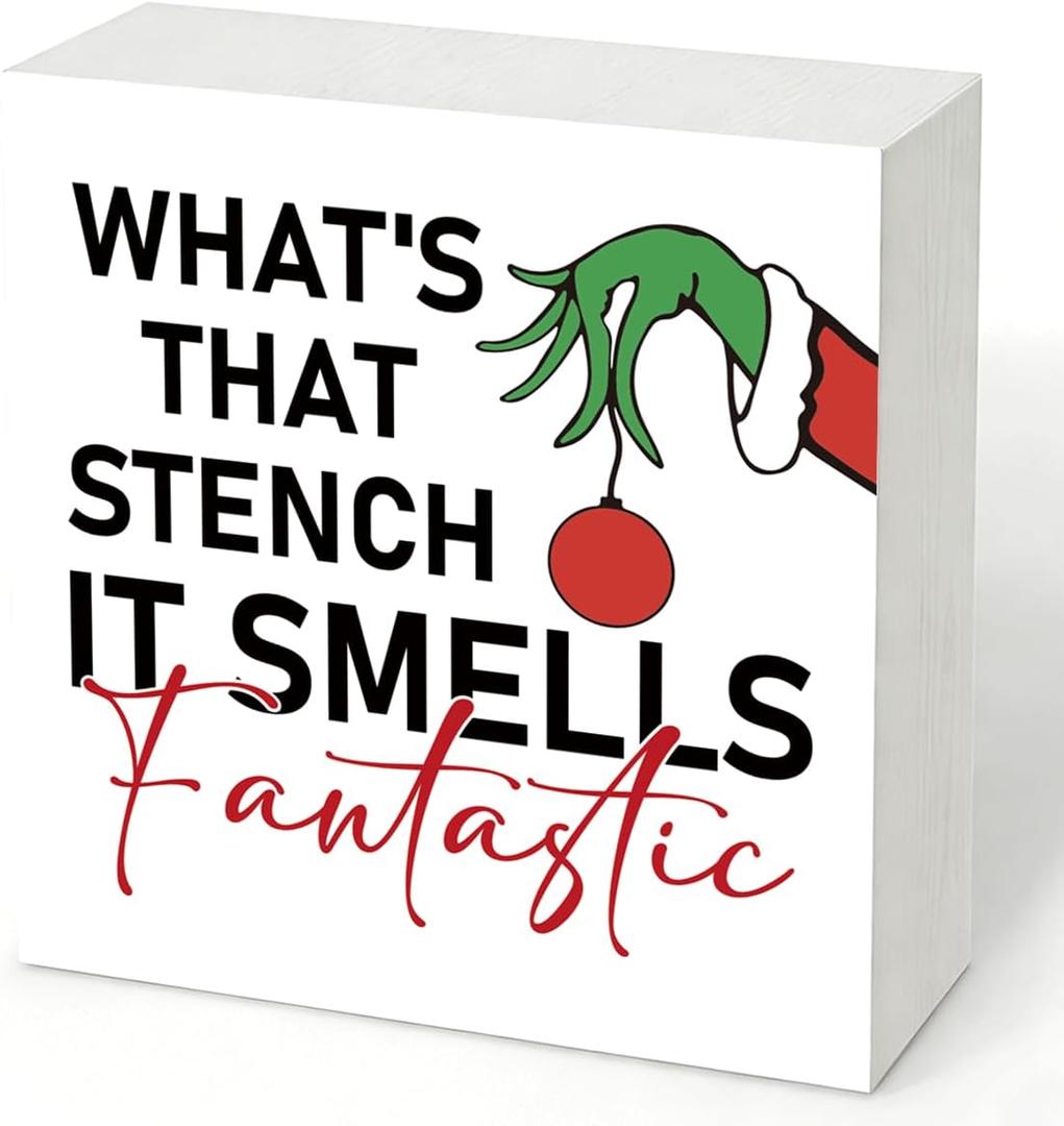 2 x What's That Stench Sign, Christmas Bathroom Wooden Box Sign, Farmhouse Home Decor, Bathroom Christmas Decor for Shelf, Funny Toilet Signs, Farmhouse Rustic Tiered Tray Decorations